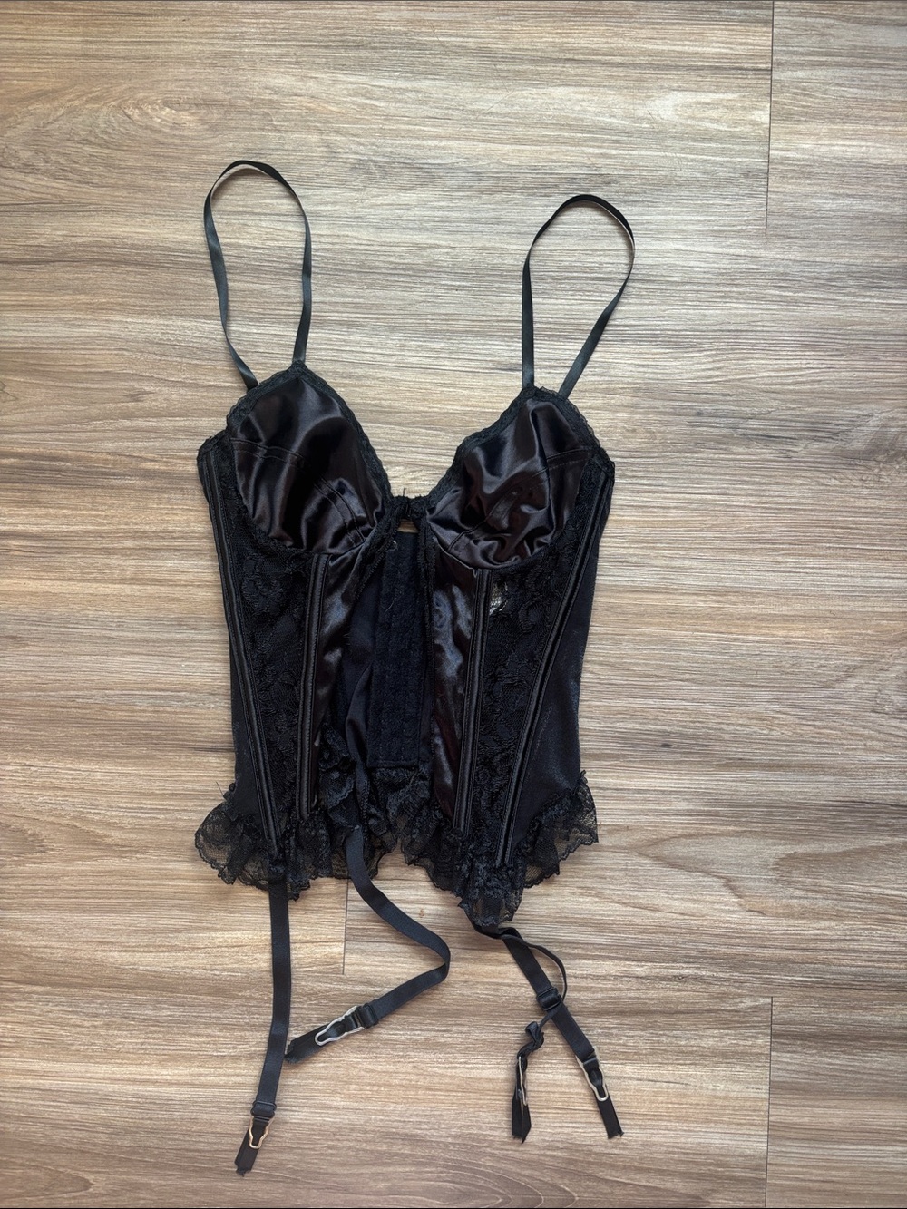 Black Satin & Lace Bustier with Garters - Women Intimates